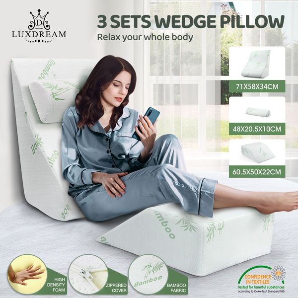 Wedge Support Pillow+Head Rest Pillow+Leg Elevation Pillow Bamboo Cover Anti Germ/Dust/Mite