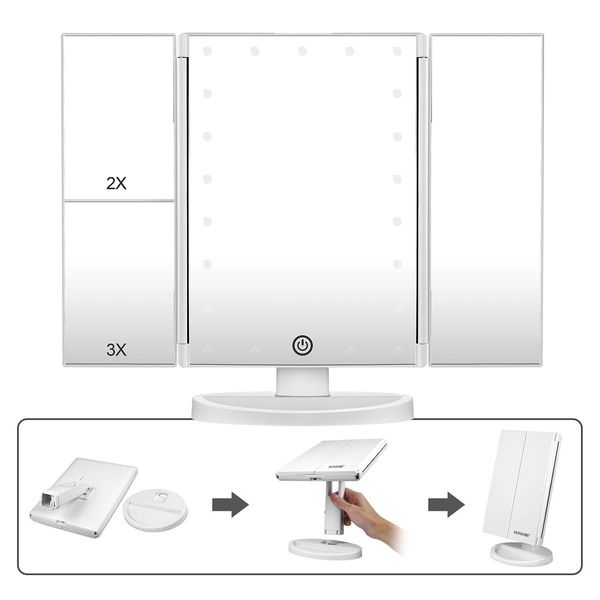 Tri Fold Lighted Vanity Make Up Mirror W/Dimmable Leds,2X 3X Magnify Mirror For Perfect Makeup