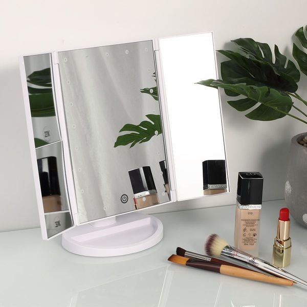 Tri Fold Lighted Vanity Make Up Mirror W/Dimmable Leds,2X 3X Magnify Mirror For Perfect Makeup