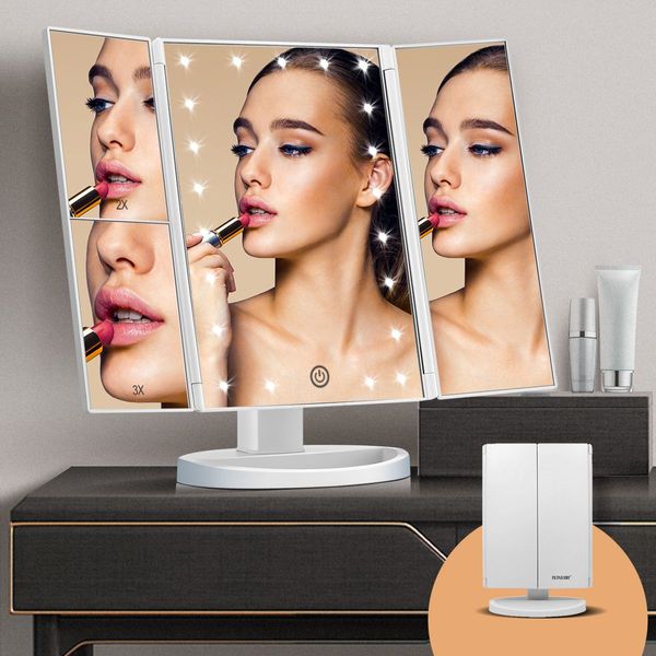 Tri Fold Lighted Vanity Make Up Mirror W/Dimmable Leds,2X 3X Magnify Mirror For Perfect Makeup