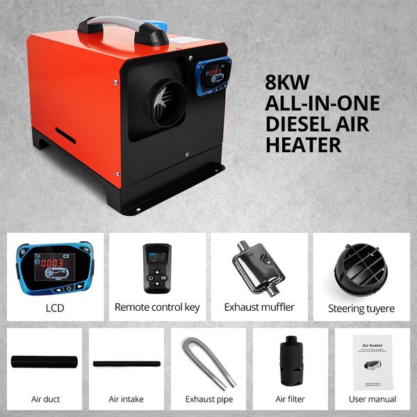 12V 8Kw Vehicle Disel Air Heater For Van,Rv,Truck,Boat 30M Remote Control Instant Heat Energy Saving