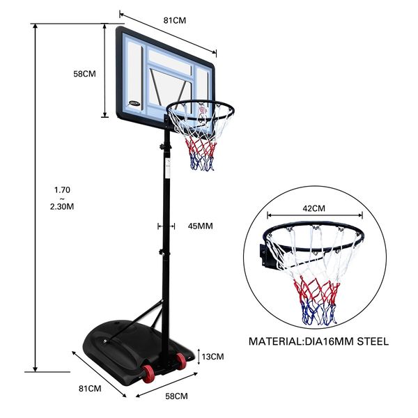 Basketball Hoop Ring Portable Adjustable Stand System Net Backboard Rim Wheels 1.7-2.3m