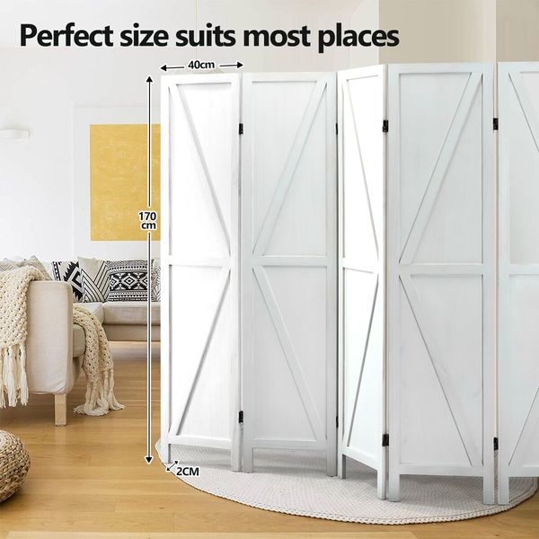 6 Panel Room Divider Screen Privacy Separator Partition Stand Timber Folding Portable White