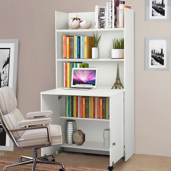 Wooden Bookshelf Integrated W/Computer Desk By Opening The Below Cupboard Doors Room Saving