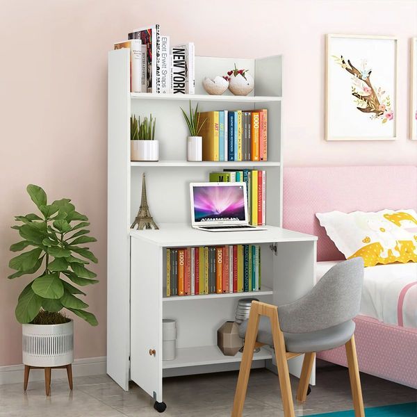 Wooden Bookshelf Integrated W/Computer Desk By Opening The Below Cupboard Doors Room Saving