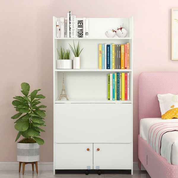 Wooden Bookshelf Integrated W/Computer Desk By Opening The Below Cupboard Doors Room Saving