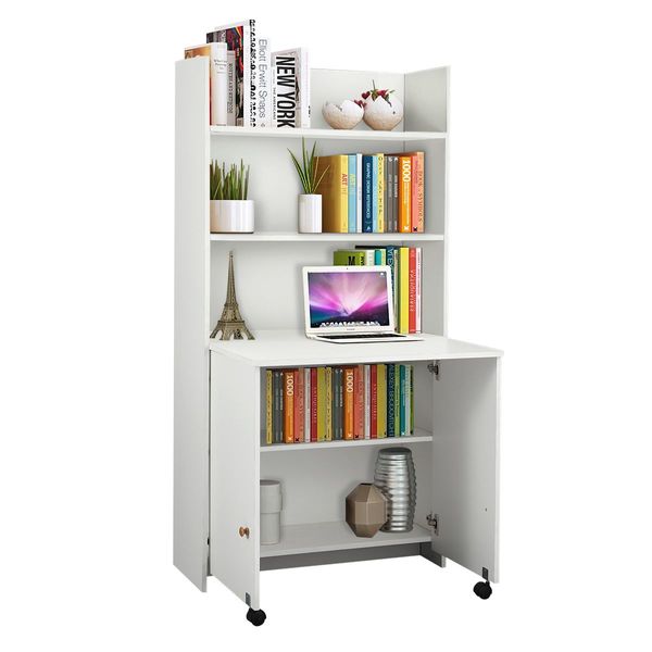 Wooden Bookshelf Integrated W/Computer Desk By Opening The Below Cupboard Doors Room Saving