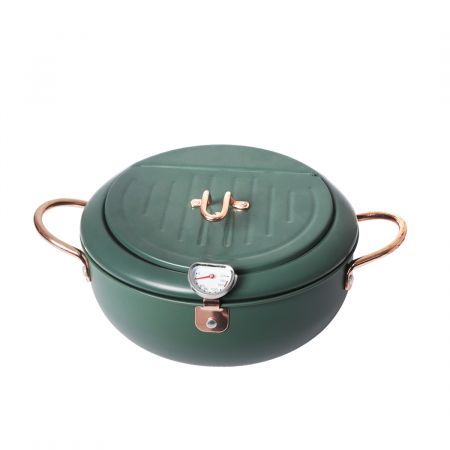 Japanese Deep Frying Pot with Thermometer Non-stick Tempura Fryer Pan 20cm Green