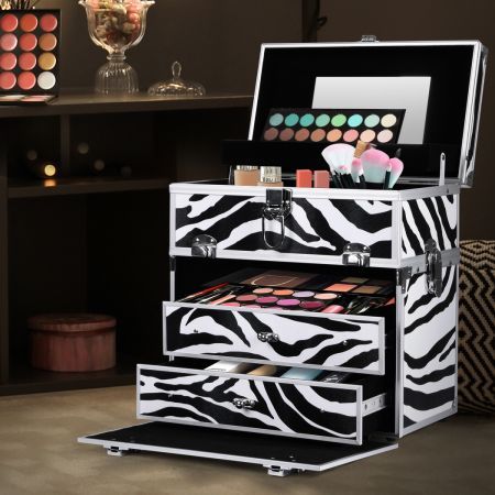 Portable Makeup Case Cosmetic Organiser Box Beauty Travel Suitcase 5 in 1 Zebra