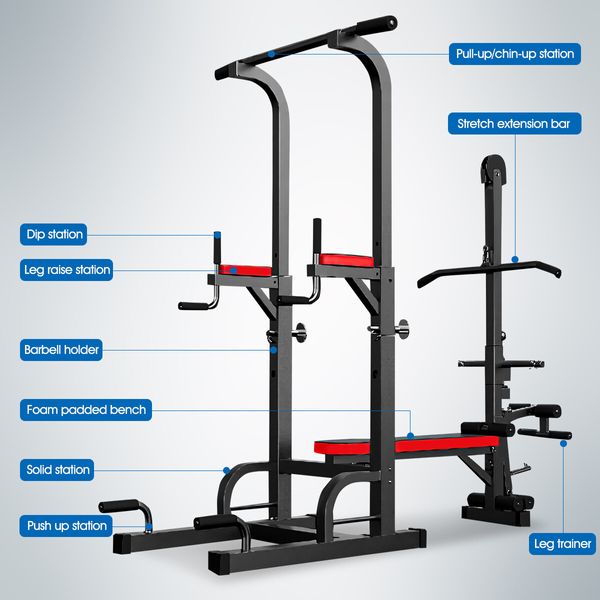 Home Gym Power Tower Fitness Workout Equipment Height Adjustable Chin Pull Up Bar Dip Station Weight Bench