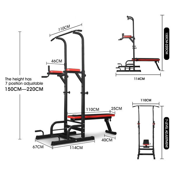 Home Gym Power Tower Fitness Equipment Height Adjustable Pull Chin Up Dip Station with Sit Up Bench