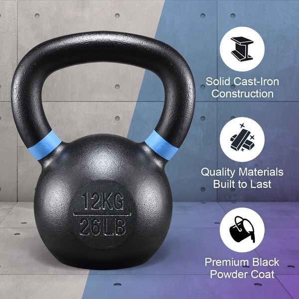 Genki 12kg Kettlebell Barbell Cast Iron Fitness Home Gym Workout with Wide Grip Colour Coded Black