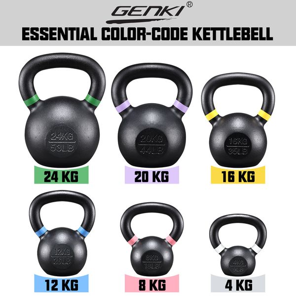 Genki 12kg Kettlebell Barbell Cast Iron Fitness Home Gym Workout with Wide Grip Colour Coded Black