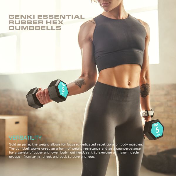 2 x Genki Hex Dumbbell Barbell Set 5kg Rubber Encased Fitness Home Gym with Chromed Handle Black