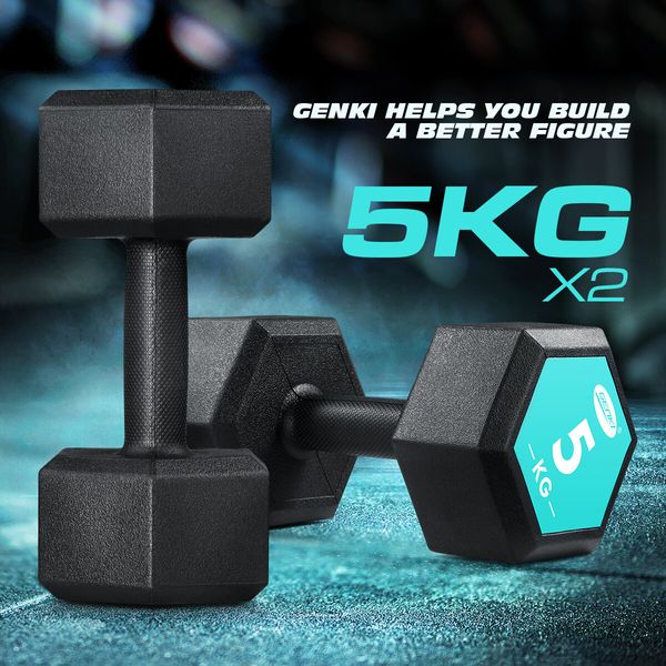 2 x Genki Hex Dumbbell Barbell Set 5kg Rubber Encased Fitness Home Gym with Chromed Handle Black