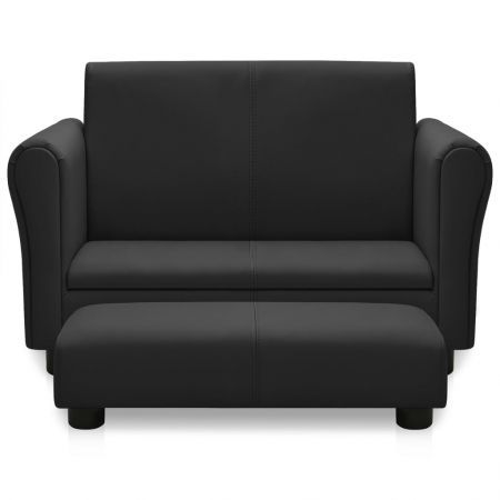 Children Sofa with Stool Black Faux Leather