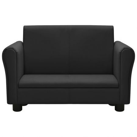 Children Sofa with Stool Black Faux Leather