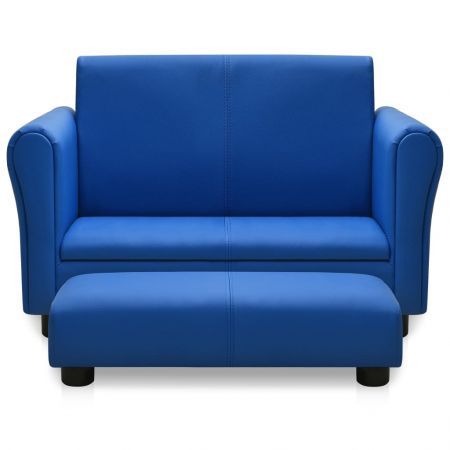 Children Sofa with Stool Blue Faux Leather