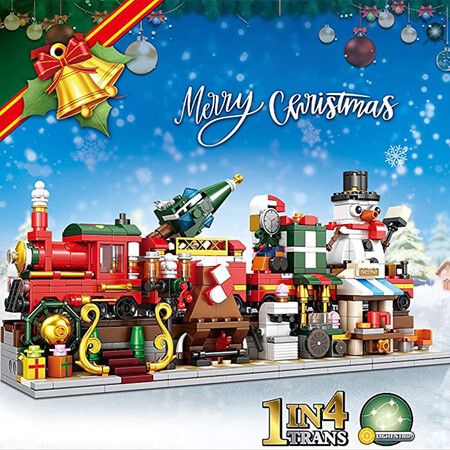 Christmas-themed Street View Children's Building Blocks With Small Bricks, Train Building Blocks Model With Light