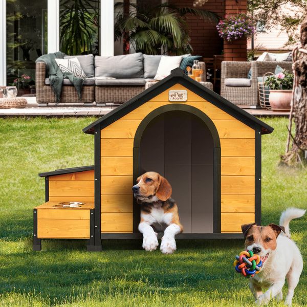 Petscene Dog Kennel Wooden Large Pet House with Door Storage Box Food Bowls