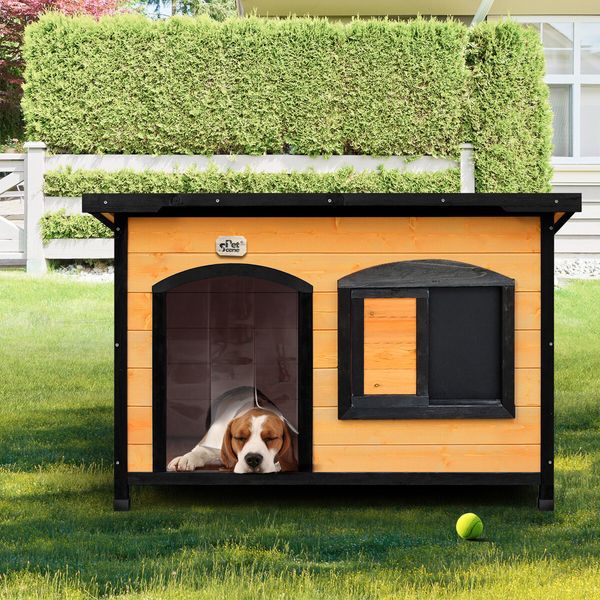 Petscene Dog Kennel Wooden Pet House with Lift Up Roof Door Plastic Curtains Extra Large