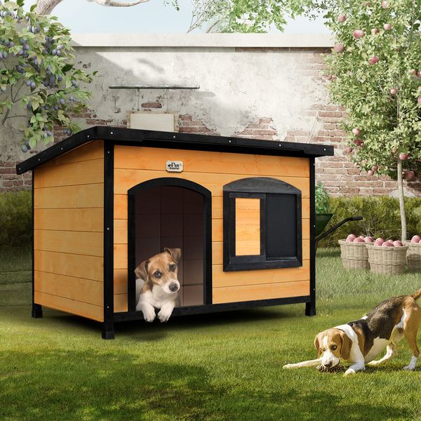 Petscene Dog Kennel Wooden Pet House with Lift Up Roof Door Plastic Curtains Extra Large