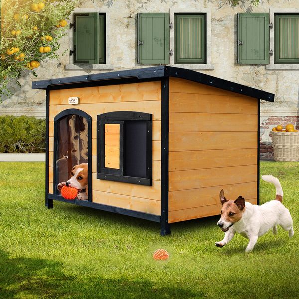 Petscene Dog Kennel Wooden Pet House with Lift Up Roof Door Plastic Curtains Extra Large