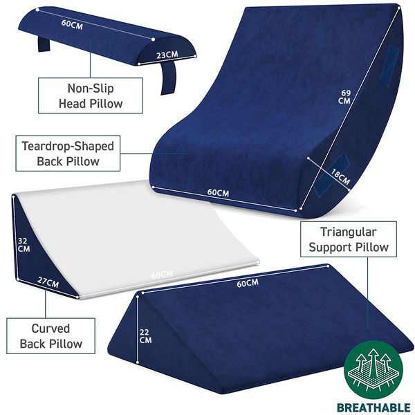 4 Pcs Wedge Pillow Set Bed Cushion Memory Foam Head and Back Support Adjustable Navy Blue