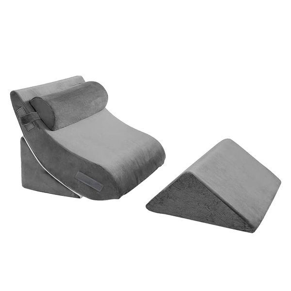 4 Pcs Wedge Pillow Set Memory Foam Bed Cushion Back and Head Support Adjustable Gray