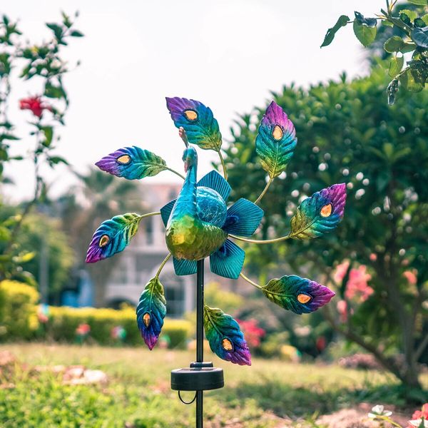 Solar Wind Spinner Outdoor Metal Peacock Solar Light for Garden Decor Yard Windmills