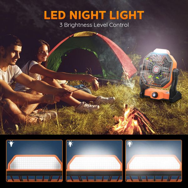 2in1 Outdoor Camping Fan Light LED Portable Tent USB Powered Rechargeable Battery 3 Brightness Orange