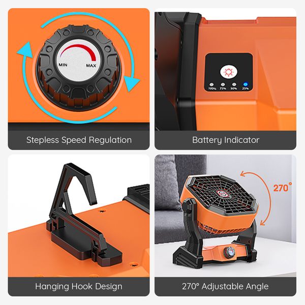 2in1 Outdoor Camping Fan Light LED Portable Tent USB Powered Rechargeable Battery 3 Brightness Orange