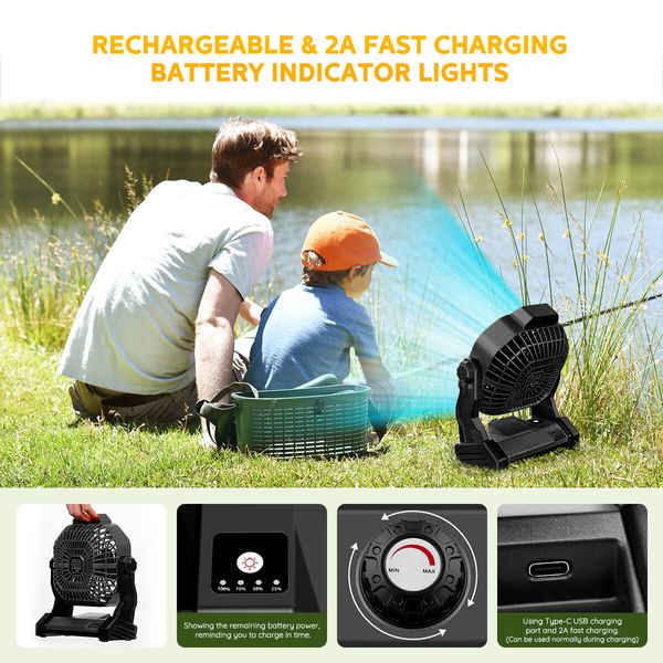 Outdoor Camping Fan 2in1 Light LED Lantern Portable Tent Desk USB Powered Rechargeable Battery 3 Brightness Black 