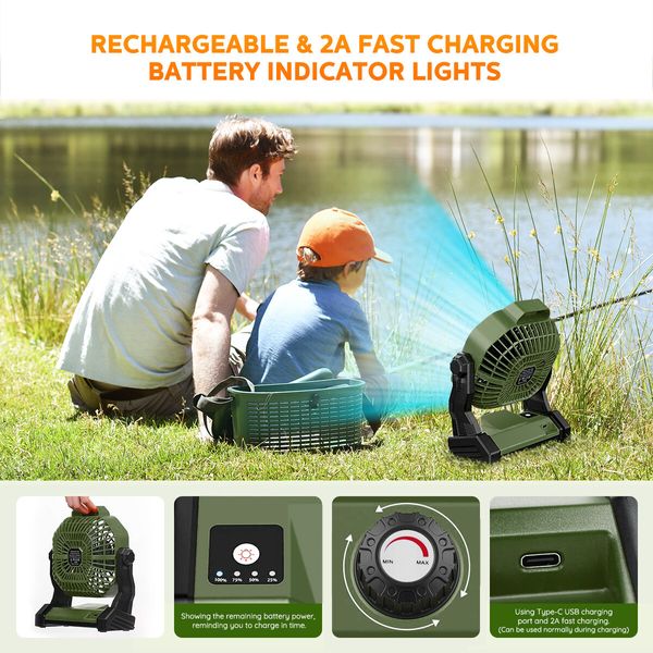 Outdoor Camping Fan Light 2in1 with LED Lamp Portable Tent USB Powered Rechargeable Battery 3 Brightness Green