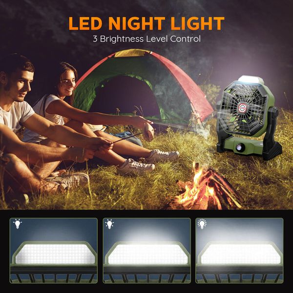 Outdoor Camping Fan Light 2in1 with LED Lamp Portable Tent USB Powered Rechargeable Battery 3 Brightness Green