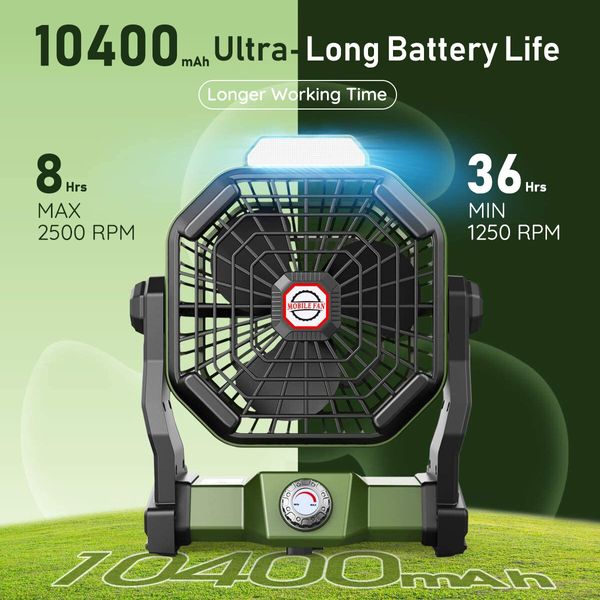 Outdoor Camping Fan Light 2in1 with LED Lamp Portable Tent USB Powered Rechargeable Battery 3 Brightness Green