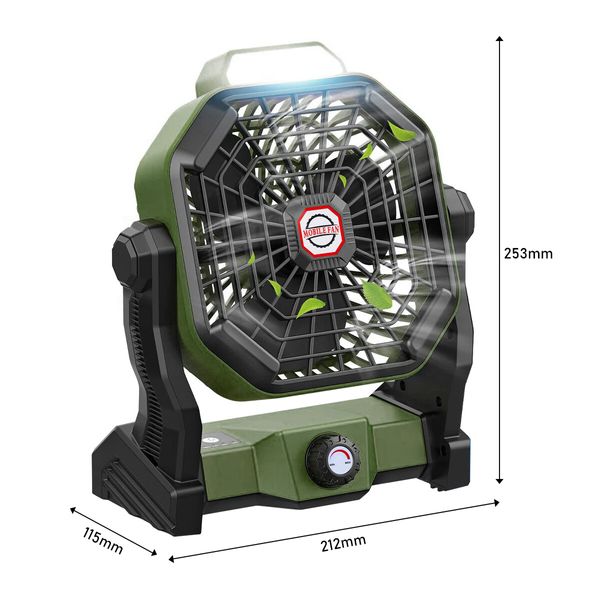 Outdoor Camping Fan Light 2in1 with LED Lamp Portable Tent USB Powered Rechargeable Battery 3 Brightness Green