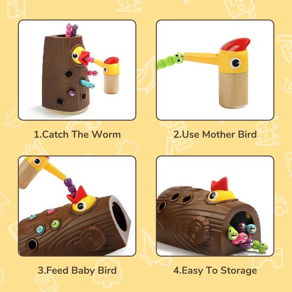 Hungry Woodpecker Toy for 2 3 Year Olds Girls and Boys Gifts Montessori Toddlers Toy Magnetic Game, Sensory, Feeding, Preschool Learning Toys