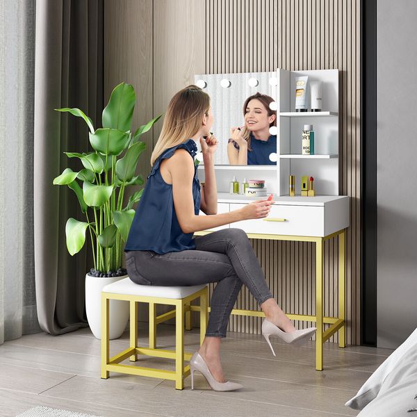 Large Dressing Table Vanity Makeup Desk 10 LED Lighted Mirror with Stool 2 Drawers Shelves White