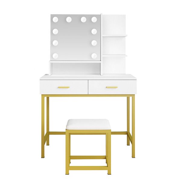 Large Dressing Table Vanity Makeup Desk 10 LED Lighted Mirror with Stool 2 Drawers Shelves White