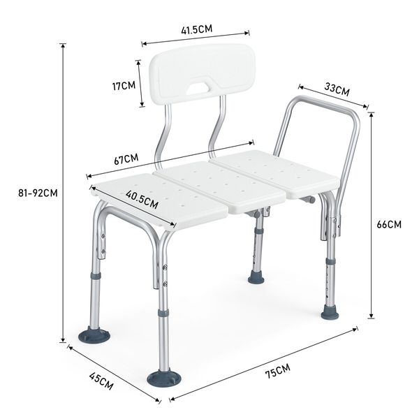 Adjustable Shower Chair Bath Seat Stool Medical Tub Transfer Bench with Armrest Backrest Elderly Disability Mobility Aid