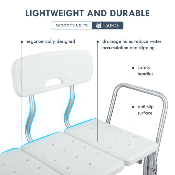 Adjustable Shower Chair Bath Seat Stool Medical Tub Transfer Bench with Armrest Backrest Elderly Disability Mobility Aid