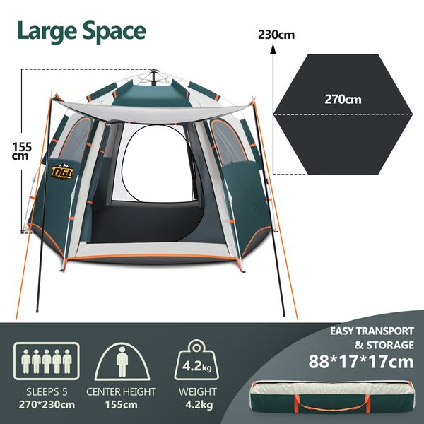 OGL 5 Person Tent Camping Beach Shelter Instant Pop Up Family Sun Shade 270x230x155cm Green White