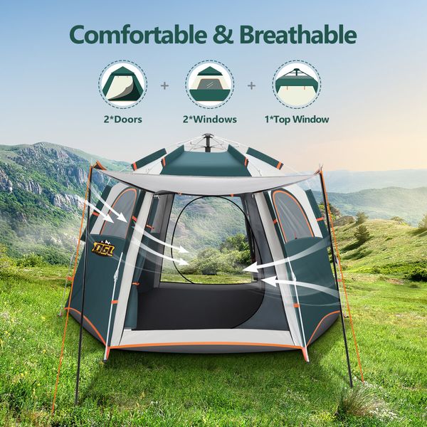 OGL 5 Person Tent Camping Beach Shelter Instant Pop Up Family Sun Shade 270x230x155cm Green White