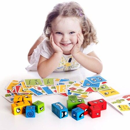 Wooden Expressions Matching Block Puzzles Building Cubes Toy Borad Games Educational Montessori Toys for Kids Ages 3 Years and Up