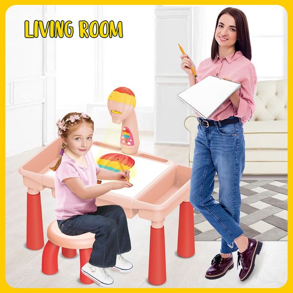 Kids LED Projector Drawing Table Painting Board Projection Desk Toy with Music and Storage