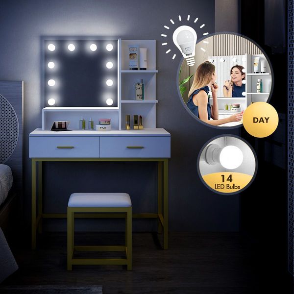 Large Dressing Table Vanity Makeup Desk 10 LED Lighted Mirror with Stool 2 Drawers Shelves White