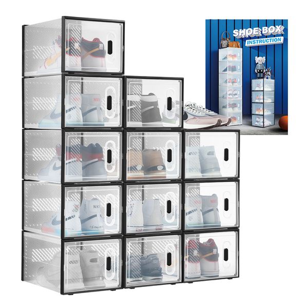 12PCS Shoe Box Sneaker Storage Display Case Clear Plastic Boxes Organiser Stackable Extra Large