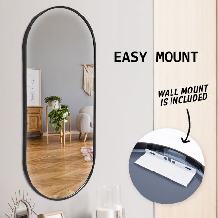 Wall Mirror Oval Aluminum Frame Bathroom 45 x 100cm BLACK