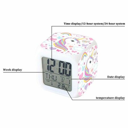 Unicorn Girl Digital Alarm Clock LCD Cube Clock with Night Glow LED Light Up Bedside Alarm Clock for Kids Boys and Women Bedroom Birthday Gifts